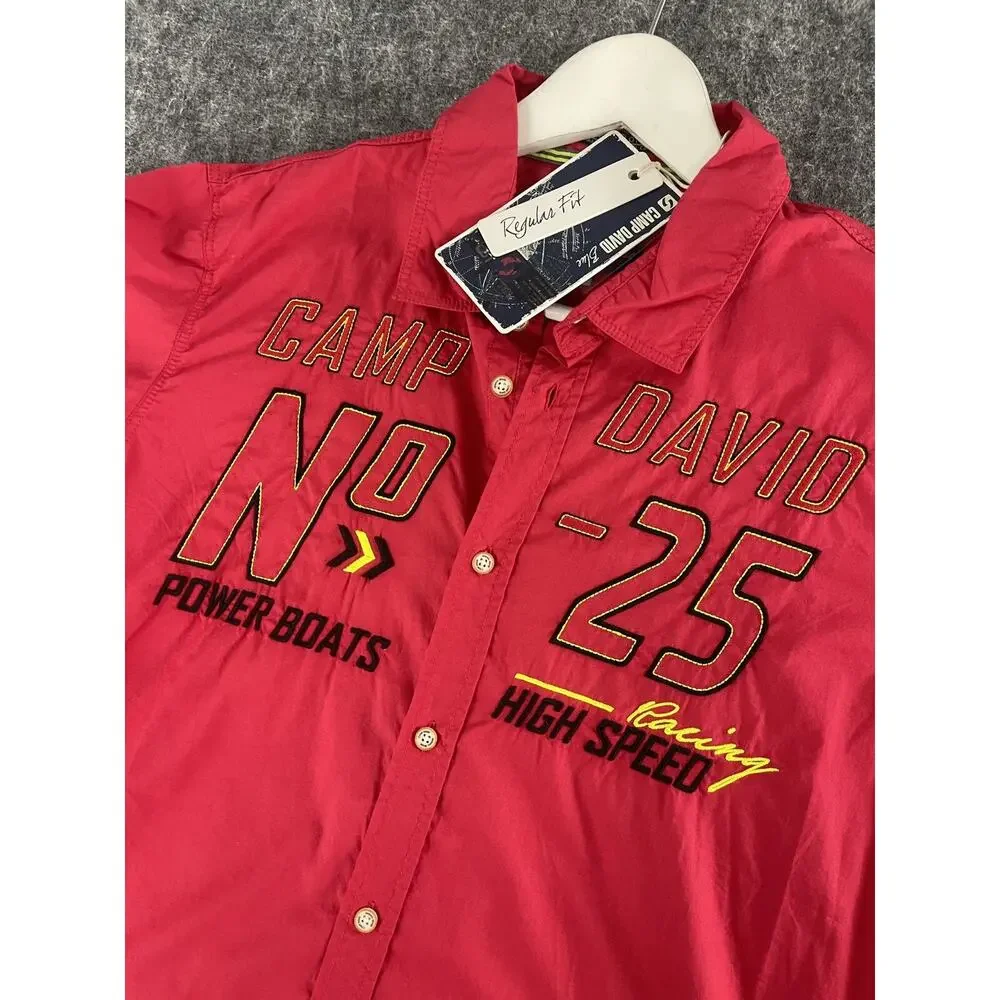 Camp David Shirt Mens Large Button Up Embroidered Red Long Sleeve N249
